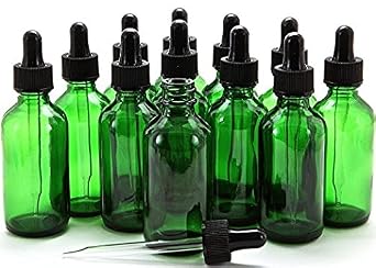 Premium Vials, 12, Green, 2 oz Boston Glass Bottles, with Glass Eye Droppers 12, 2 Ounce