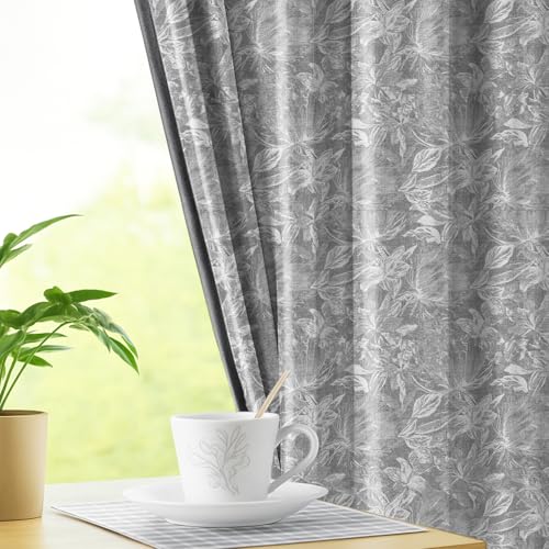 Image of LINENWALAS Printed Blackout Curtains for 7 Feet Door | Set of 2 | Printed Drapes | Thermal Insulated, Room Darkening Panels with Grommet Hanging for Living Room (Steel Grey Flora)