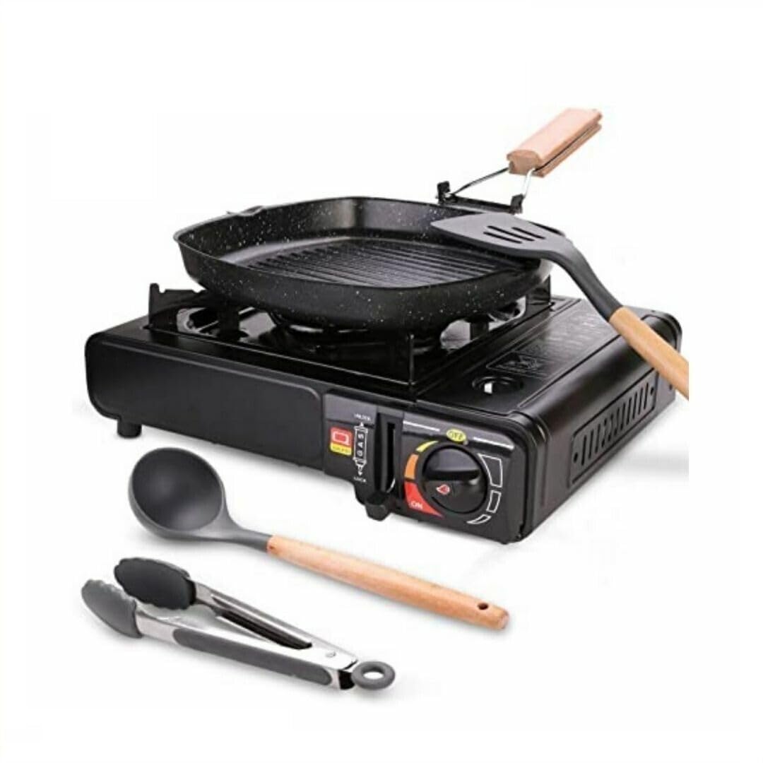 Fornello da campeggio a gas, doppio attacco Bombola GPL o cartuccia Gas Butano, con valigetta portatile, 4 cartucce Incluse, 1 fuoco, potenza 2.200W, fornello outdoor cucina per esterno