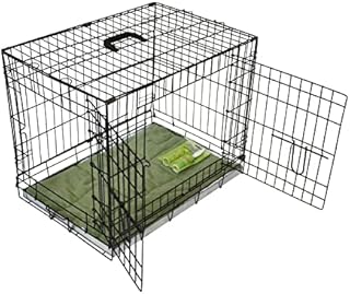 BUNNY BUSINESS UNDERDOG Metal Dog Crate / Cage  Pet Black Metal Folding Cage with 2 Doors Sliding Chew Resistant Plastic Base Tray with Bed Heavy Duty Puppy Training Solution (24" SML, Black)