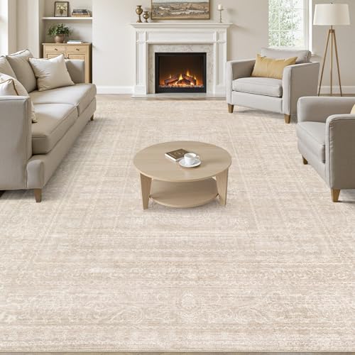 Nakagishi 5x7 Area Rugs Living Room: Washable Large Vintage Beige Rug Neutral Non-Slip Soft Stain Resistant Indoor Carpet for Bedroom Nursery Dining Room Under Table Bed Home House Office Playroom