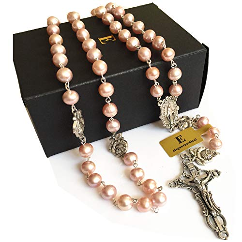elegantmedical CATHOLIC AAA 8-9mm REAL PEARL Pearls SILVER ROSE BEADS ROSARY CROSS NECKLACE BOX