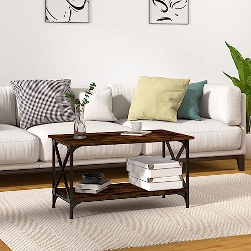 Homgoday Mesa de Centro Madera y Hierro Roble Ahumado 80x45x45 cm, Auxiliar Consola Mesita Salón Lateral Té Café Sofá Sala de Estar Muebles Mobiliario Mesas de Centro Mobiliario