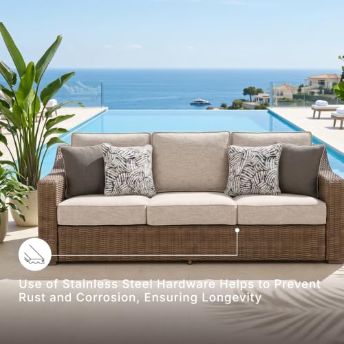 Image of Signature Design by Ashley Carmel Bay Outdoor Sofa, Handwoven Resin Wicker Patio Couch, Rust-Resistant Aluminum Frame, 3-Seater for Backyard or Sunroom, Beige, 84 inch W