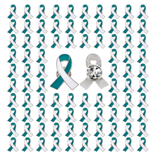 Image of Teal & White Ribbon Pins Cervical Cancer Awareness Enamel lapel Brooch (100)
