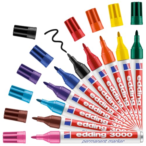 edding 3000 marcador permanente - multicolor - organizador de 10 rotuladores - punta redonda - indeleble de secado rápido resistente al agua y a los borrones - cartón plástico madera metal - universal