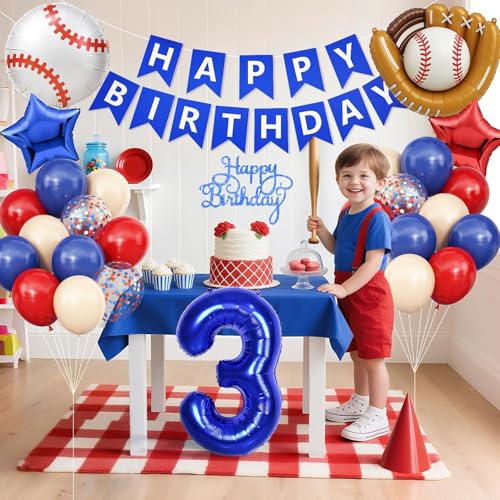 Image of 3rd Birthday Decorations for Boys Baseball,Navy Blue Red Nude Balloons | Party Decorations Birthday Banner Number 3 Baseball Glove Foil Balloons Cake Topper Sport Party Baby Shower
