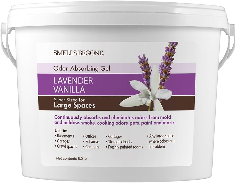 SMELLS BEGONE 1-Gallon Gel Odor Eliminator – High-Capacity, Long-Lasting Absorber for Large Basements, Garages, Workshops & Commercial Areas – Remove Tough Odors with Essential Oils (Lavender Vanilla)
