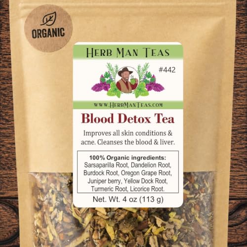 BLOOD DETOX TEA – Cleanses the Blood, Supports Liver Function & Improves Skin Conditions with Sarsaparilla Root, Burdock Root, Dandelion Root, Yellow Dock Root, Oregon Grape Root & Turmeric – Premium Organic Loose Leaf Tea, Non-GMO, No Additives – Made by Master Herbalist