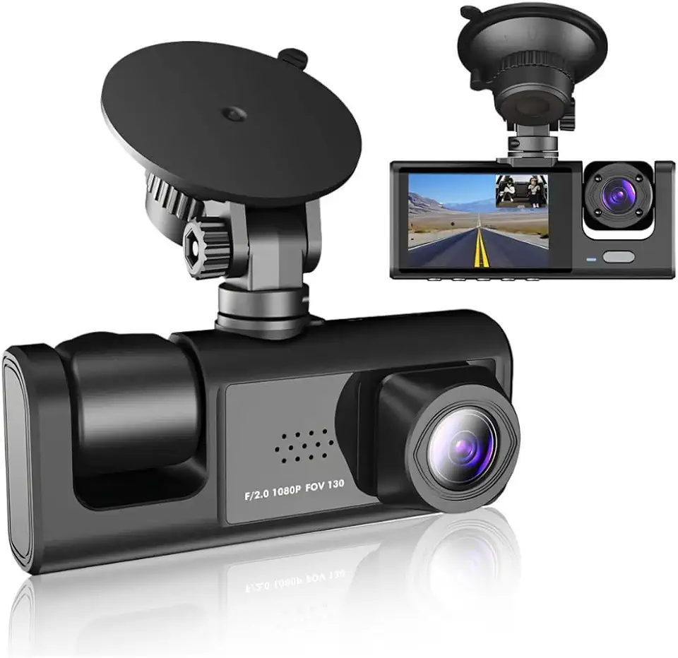 Câmera Veicular 3 Lentes Full HD 1080p com Visão Noturna – Dashcam Frontal, Interna e Traseira, Tela LCD 4” e Detecção de Movimento