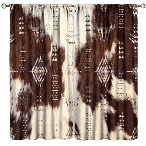 Bull Skull Cowhide Blackout Curtains, Western Brown Cow Aztec Farm Animals Farmhouse Rustic Window Drapes, for Living Room Bedroom 21(W)*45(L) 2 Panels