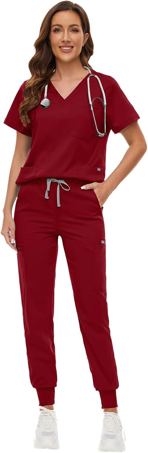 VIAOLI Scrubs for Women Set V-Neck Top and 8 Pocket Jogger Scrub Pant - Medical Uniform Nursing Scrub Set - Image 2