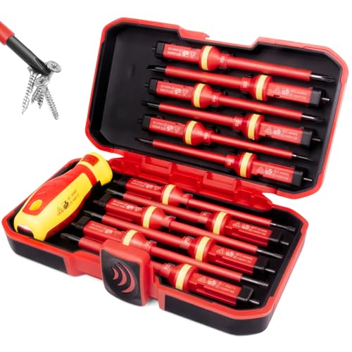 1000V Insulated Electrician Screwdriver Set, all in one 13 pcs magnetic screw driver set with handle, electrical tool kit CR-V steel tips Phillips Slotted Pozi Torx Y-shape with case for man home