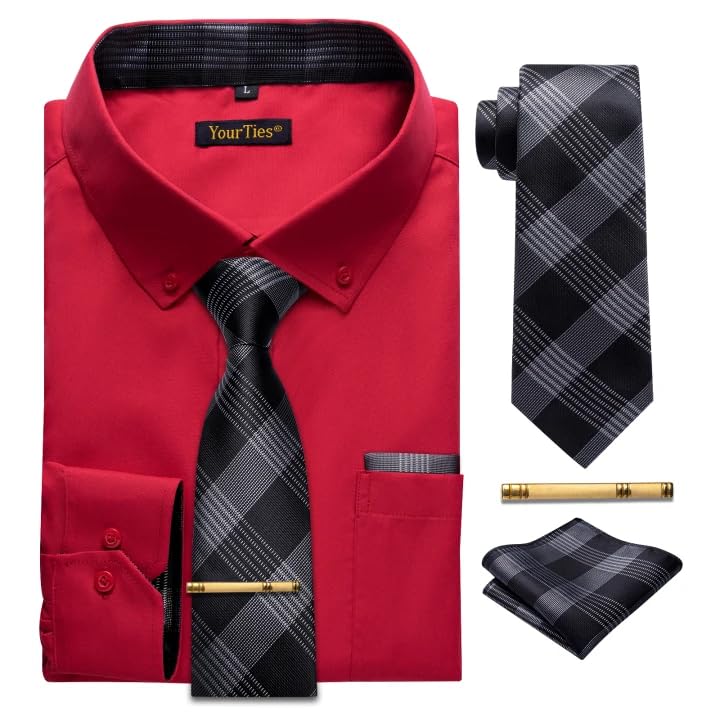 Mens Dress Shirt Long Sleeve Matching Tie and Pocket Square Set Classic Button Down Formal Business Shirts