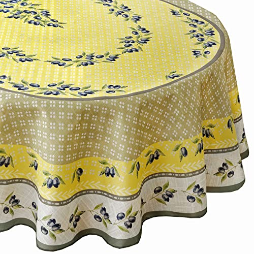 Home Bargains Plus Provence Olivier Yellow And Grey Olive Print Country French Fabric Tablecloth, Indoor Outdoor, Stain And Water Resistant, 60” X 102” Oval #TOP2