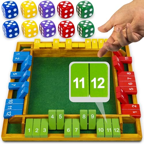 Shut The Box Game Wooden Board for 4 Players - 14-inch Shut The Box Game 12 Numbers for Adults & Kids - Ideal for Games Night