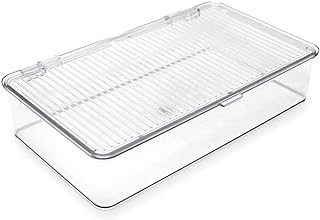 Isaac Jacobs Small Stackable Organizer Bin (10.75” x 6.5” x 2.4”) w Hinged Lid Clear Storage Box Home Office School Fridge Bathroom Kitchen Pantry Container BPAFree Food Safe (Small Clear)