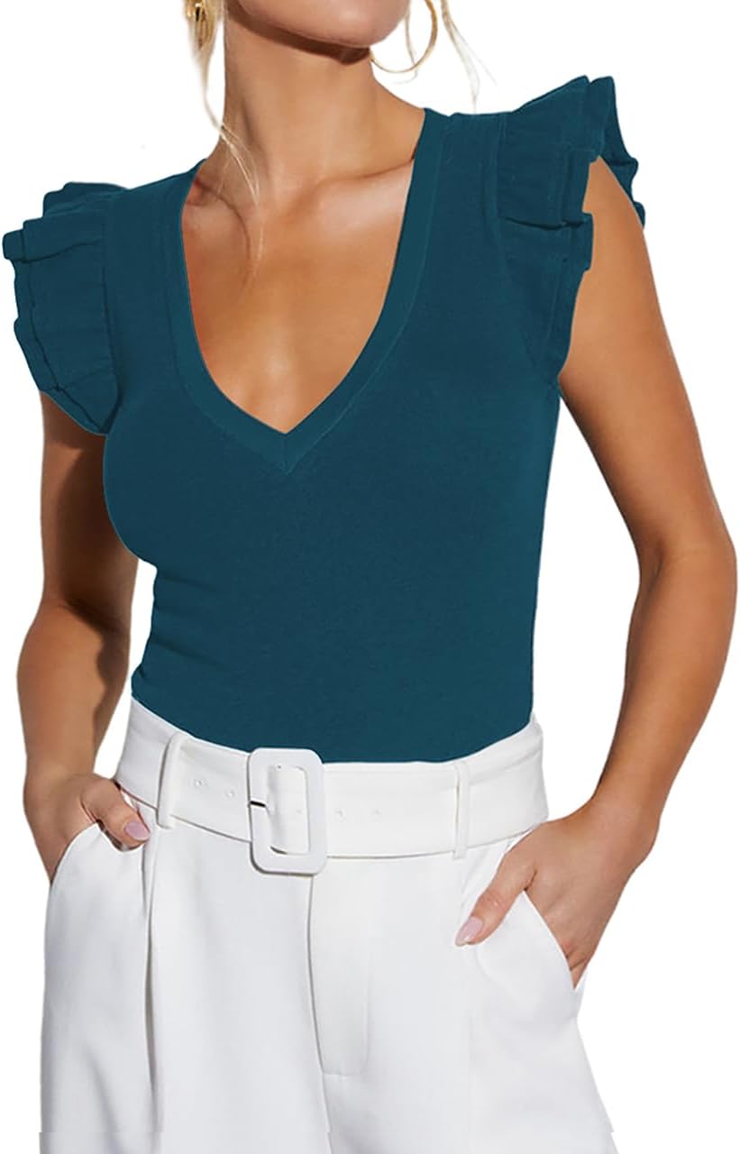 BONITEE Women Summer Ruffle Tops Sexy Deep V Neck Short Sleeve Shirts Trendy Casual Ribbed Slim Fitted Knit Tees Blouse
