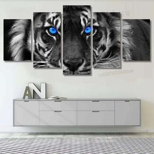 Décoration murale tigre noir et blanc yeux bleus pour grand salon chic