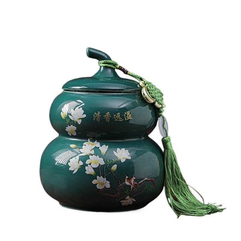 Juego De Té Caja de té de porcelana blanca pintada a mano, caja de calabaza de cerámica, caja de té Pu'er grande sellada, almacenamiento de estilo chino y a prueba de humedad. Tarro Para Guardar Té(B)