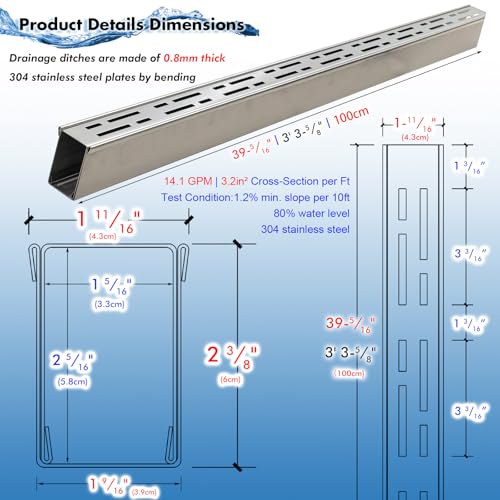 Channel Drain 1-11/16\" Wide x 19\' 7-3/16\" Long,Silver Outdoor Pool Deck Drain Channel 304 Stainless Steel with Coupling,Pool Drain for Concrete/Paver/Patios/Walkways - Thumbnail 2