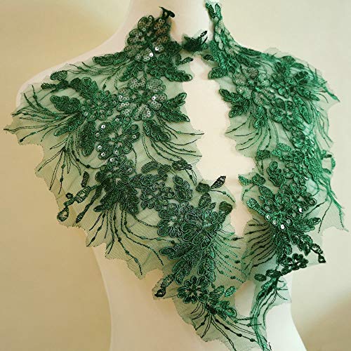 1Pair 42X23Cm Delicate Wedding Sequins Head Ornaments Body Lace Applique Ivory Dress Diy Lace Trim Dress Diy Lace (Green) #TOP6
