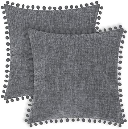 CaliTime Throw Pillow Cases Pack of 2 Cozy Solid Dyed Soft Chenille Cushion Covers with Pom Poms for Couch Sofa Home Decoration 50cm x 50cm Sage