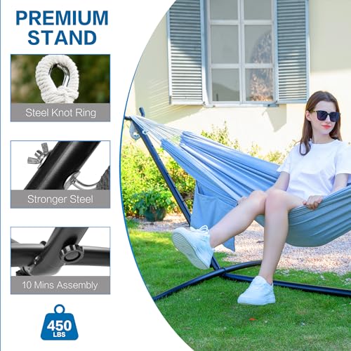 Image of PNAEUT Double Hammocks with Stand for Outside, Portable Space Saving Heavy-Duty Steel Stand for Indoor Outdoor Patio with Carrying Bag, 450 lbs Capacity (Gray)