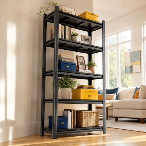 Image of Heavy Duty 5 Tier Bookshelf Black Metal Shelf, Industrial Book Case Storage Rack for Living Room Bedroom Office, Steel Shelving Unit Organizer for Books Kitchen Pantry , Free Standing Bookcase Shelf