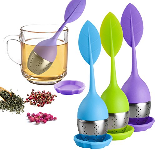 iHomeGarden 11 Leaf Silicone Handle Infuser Stainless Steel Strainer Pot, Mug Steeper Diffuser for Loose Tea, Fenne, 3 PCS, Green,Blue,Purple