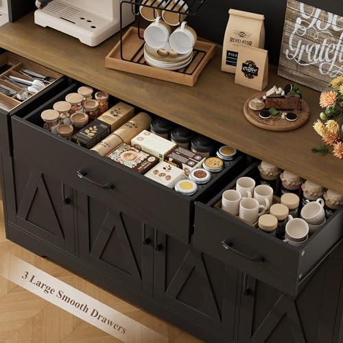 Image of HOSTACK 71 inch Tall Kitchen Pantry Storage Cabinet, 55 inch W Kitchen Hutch, Black | Large Pantry Cabinet with Charging Station / Countertop / 3 Drawers, Farmhouse Hutch Cabinet with Storage for Dining Room