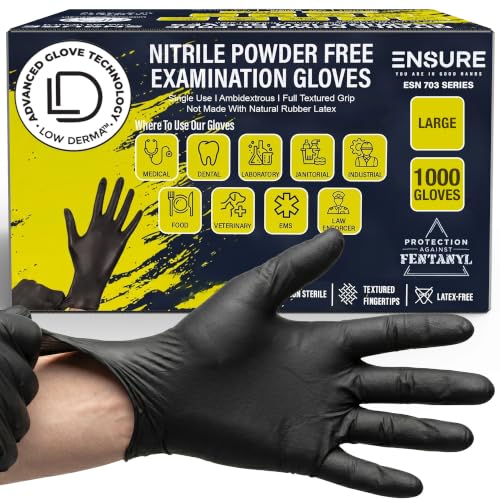 Image of Ensure Black Nitrile Gloves Heavy-Duty Texture Grip Low Derma Patented | 7 Mil Disposable Nitrile Gloves, Latex & Powder Free, Puncture Resistant, For Medical, Food Service, & Cleaning (Large, 1000)