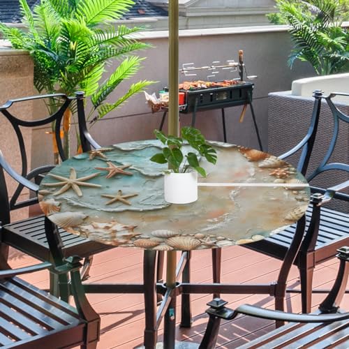 Tablerazzi Ocean Beach Round Outdoor Tablecloth with Umbrella Hole and Zipper Starfish Shell Fitted Tablecloth Wipeable Table Cloth Table Cover for Picnic Garden, 36''-44''