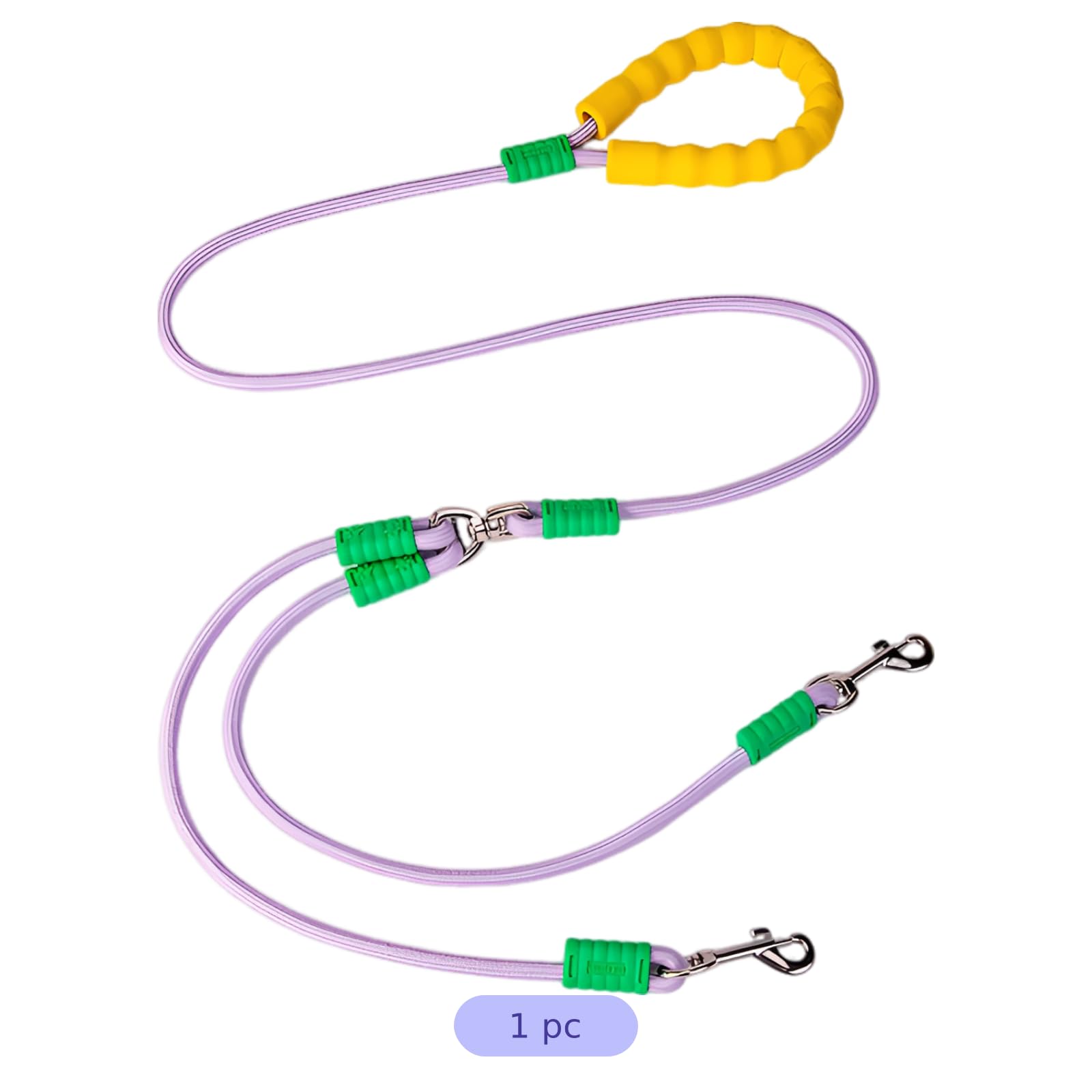 Doppelleine für 2 Hunde, zughemmend, Größe M, 0,8 cm dick, 150 cm lang, Nylon mit Schaumstoffgriff und Metallbeschlägen, elastische Verlängerung fürs Outdoor-Training, Gelb/Lila, 2-Wege-Verbinder