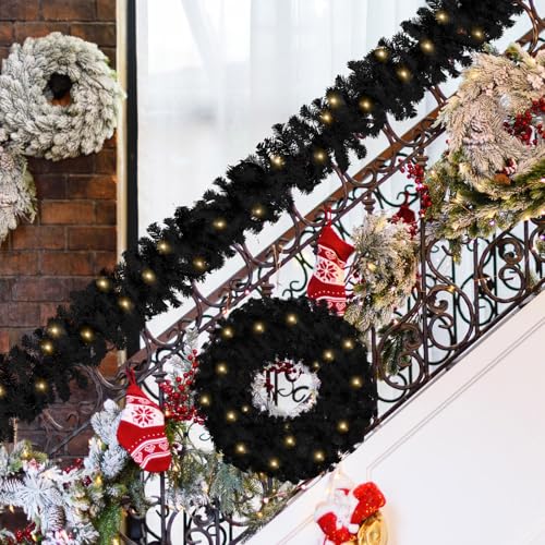 FineCheer 2 Pcs Christmas Black Spruce Artificial Garland and Wreath Decor, 9 ft Spruce Artificial Garland and 24\" Crystal Wreath with LED Mini Lights for Christmas Seasonal Indoor Home Decor