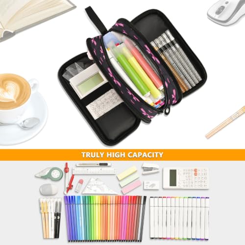 Image of Pink Bow Pencil Case 3 Compartment Pen Bag Large Pouch Holder Box School Portable Stationery Storage Bag for Teen Girls Boys