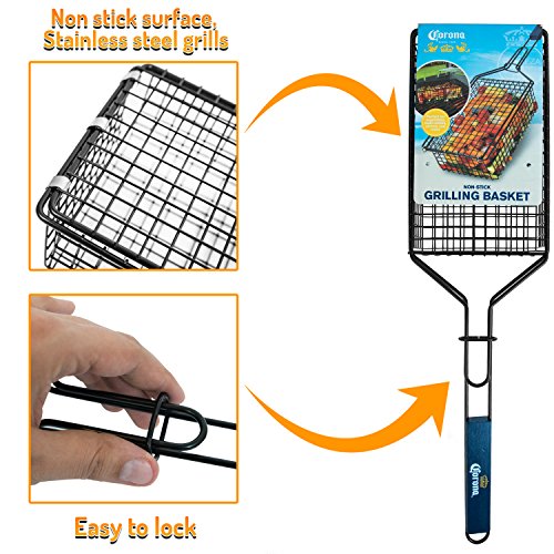 Corona BBQ Charcoal Grill Accessories - Grilling Basket with Locking Grill Handle For Veggetables, Chicken, Meats And Fish for Outdoor/ Indoor BBQ Set Tools