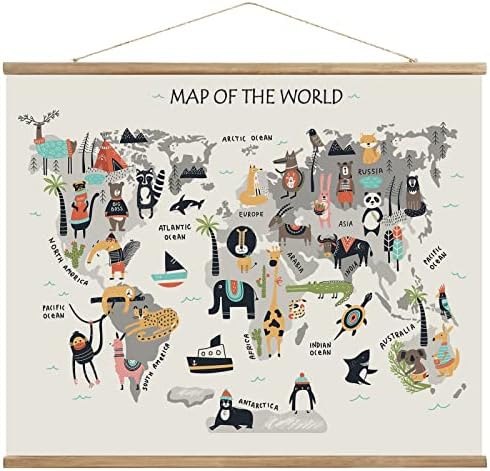 Animal World Map Hanging Canvas Wall Art , World Maps for Kids Wall, Baby Room World Map, Animals of The World Poster for Children Education, 24"x18" Ready to Hang