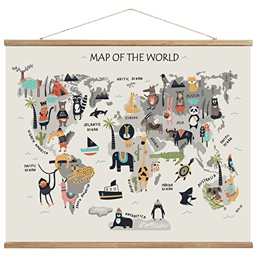Image of Animal World Map Hanging Canvas Wall Art, World Maps for Kids Wall, Baby Room World Map, Animals of The World Poster for Children Education, 24"x18" Ready to Hang