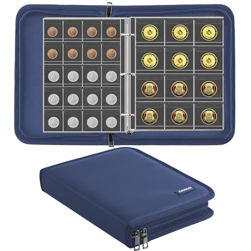 JUNDUN Feuerfestes Münzsammelalbum für Sammler, 260 Taschen Münzsammelbuch mit Reißverschlüsse, Münzsammelorganisator Aufbewahrungsbox Album für 20/25/27/30/38mm Münzen (Blau)