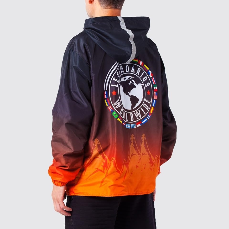 LEGENDARIOS Worldwide Jacket – Black & Orange Gradient Windbreaker, Hooded Lightweight Outdoor Coat
