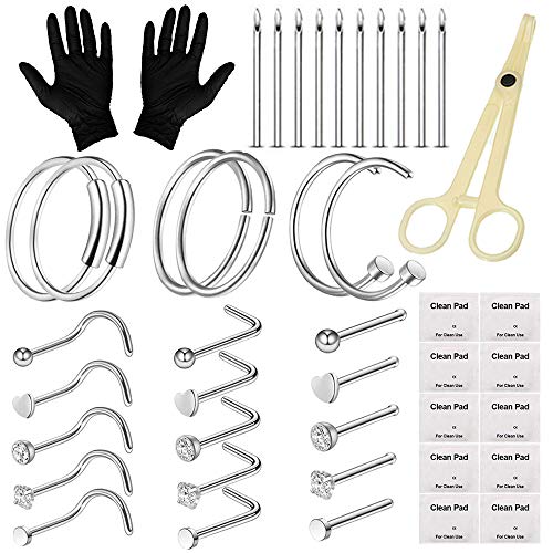 Piercing Kit - Autdor 44Pcs Professional Nose Piercing Kit Includes Piercing Jewelry Piercing Needles 18G 20G Piercing Clamps Nose Ring Studs Nose Nail for Body Piercing Kit Piercing Supplies