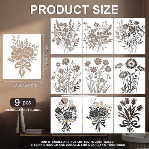 Plantillas florales Sitsink 9 piezas reutilizables de ramos vintage para lienzo pared y artesanías 4