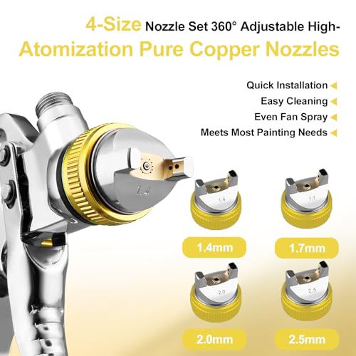 Image of HVLP Spray Gun Kits, 1.4 /1.7 /2.0 /2.5mm Nozzles with 650ml Mixing Cup & 10x Disposable Cups, Air Regulator, Paint Gun Automotive Gravity Feed Kit Cars Paint Gun, Furniture, Fence, DIY (Gold)