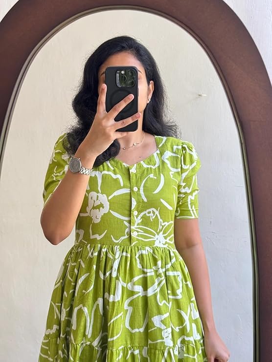 Image of Women's Rayon Floral Printed Midi Dress | Casual Fit & Flare One Piece Dress for Women | Stylish Short Sleeve Western Dress