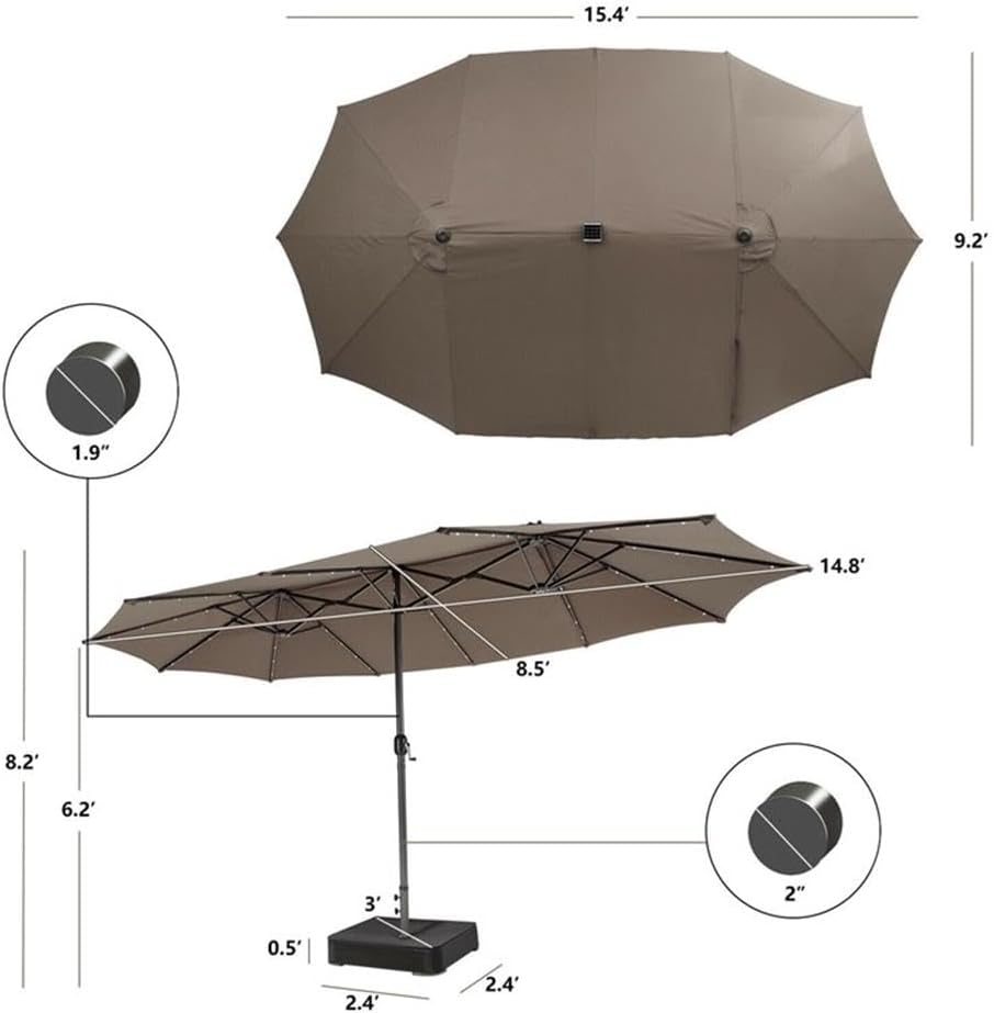 Pemberly Row Outdoor 15FT Double-Sided Patio Umbrella, LED Lights, 48 Solar-Powered Night Lighting, Vented Fade-Resistant Polyester Canopy, Brown Finish, Hand Crank, Patio, Garden, Poolside