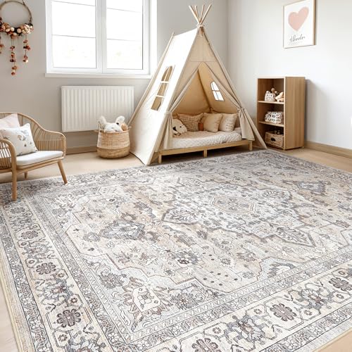 10x12 Area Rug Living Room: Washable Boho Large Neutral Vintage Soft Rugs Stain Resistant Farmhouse Non Slip Indoor Floor Carpet for Bedroom Nursery Kids Playroom Office Dining Room- Ivory Gray