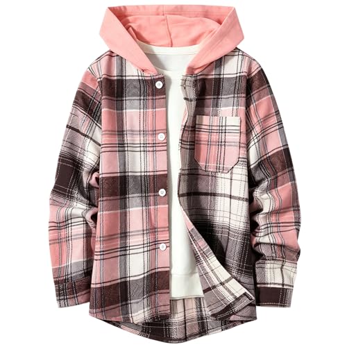 Image of Boys Girls Flannel Shirts Plaid Hoodies Fall Fashion Button Down Shirts | Long Sleeve Shirts Hooded Lightweight Jacket, Perfect for School Mornings, Leaf Piles,Camping, Bonfires, Weekend Adventures