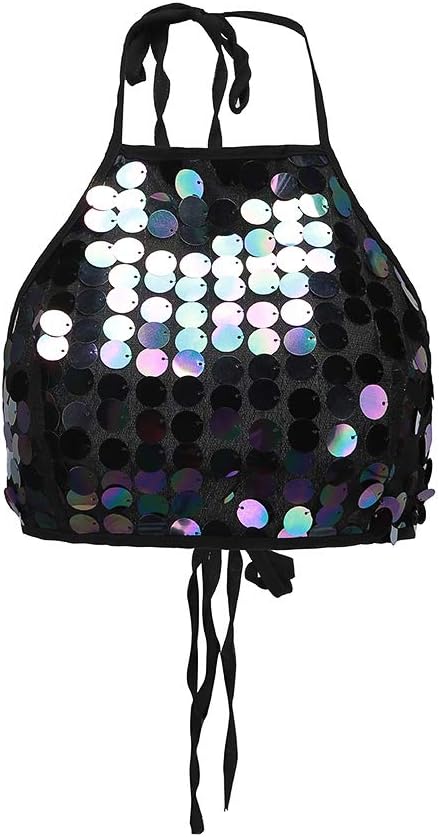 Women Shiny Sequin Crop Top Backless See Through Mesh Rave Bandeau Vest Bra