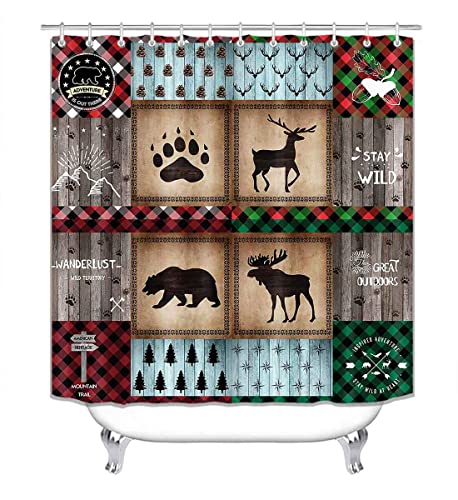 Olebety 4Pcs Woodland Animals Shower Curtain Set, Black Bear Moose Deer Red Green Plaid Country Rustic Farmhouse Lodge Cabin Christmas Bathroom Decor, Non-Slip Bath Mat Bathroom Rugs, Hunting Gifts #TOP1